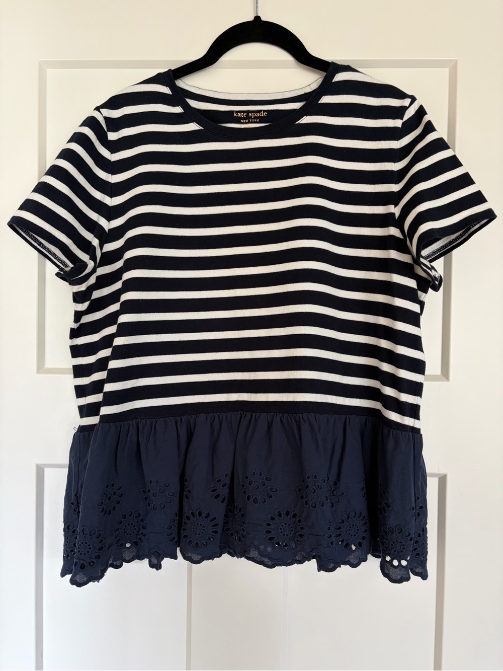 kate spade Navy and White Striped Peplum Tee with Eyelet Hem